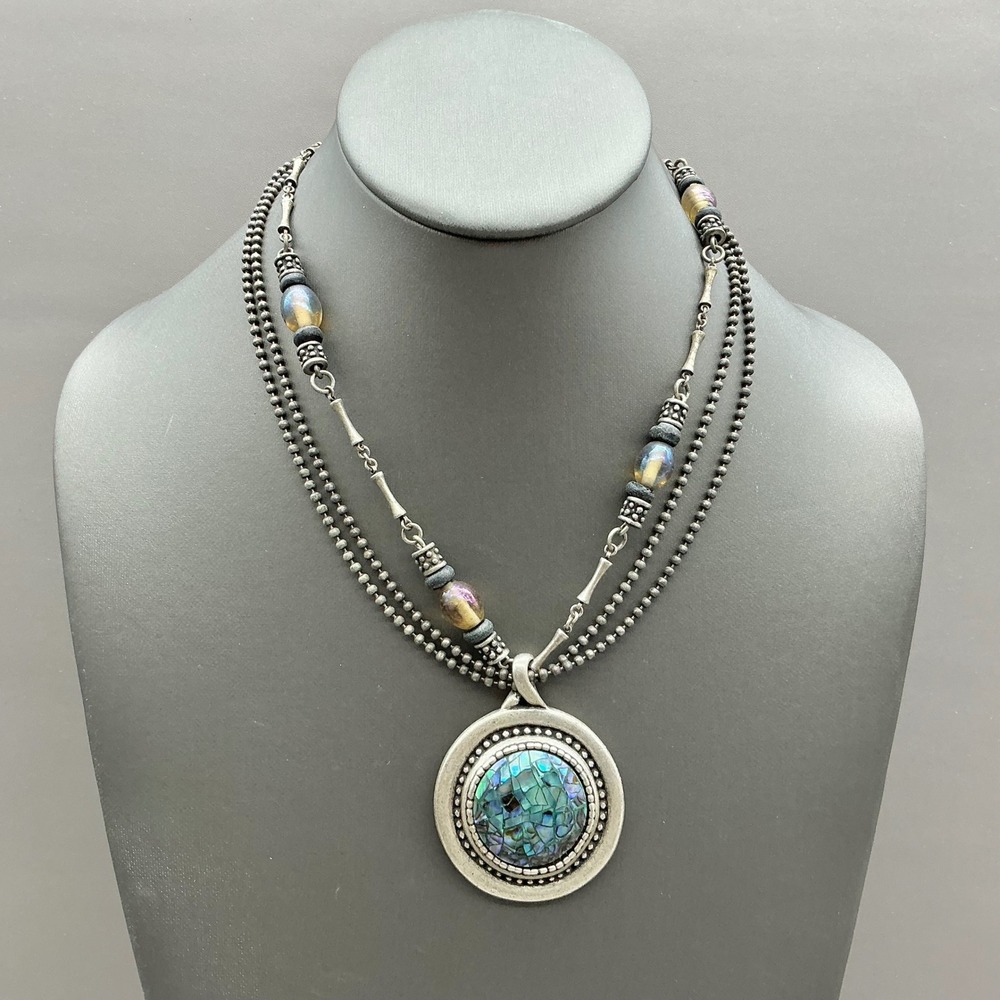 Chico's Necklace Silver Tone Multi Strand Mosaic Shell Pendant Statement 18"